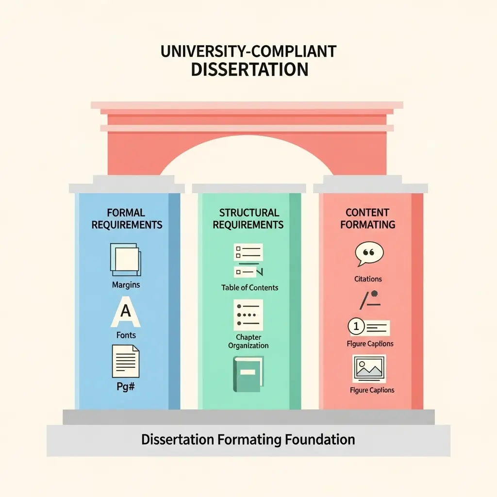 Die drei Säulen der Dissertationsformatierung als architektonische Darstellung