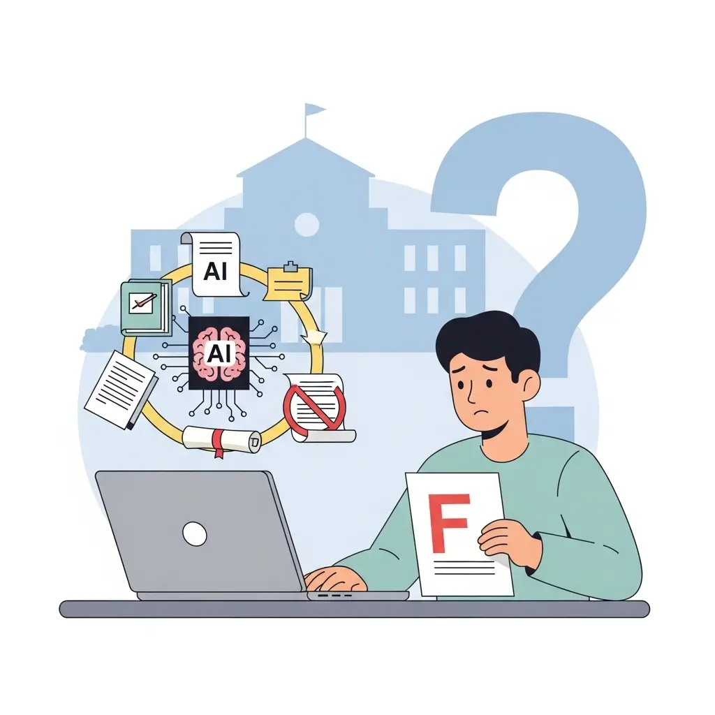 Besorgte Studentin am Laptop mit KI-Symbolen und Fragezeichen