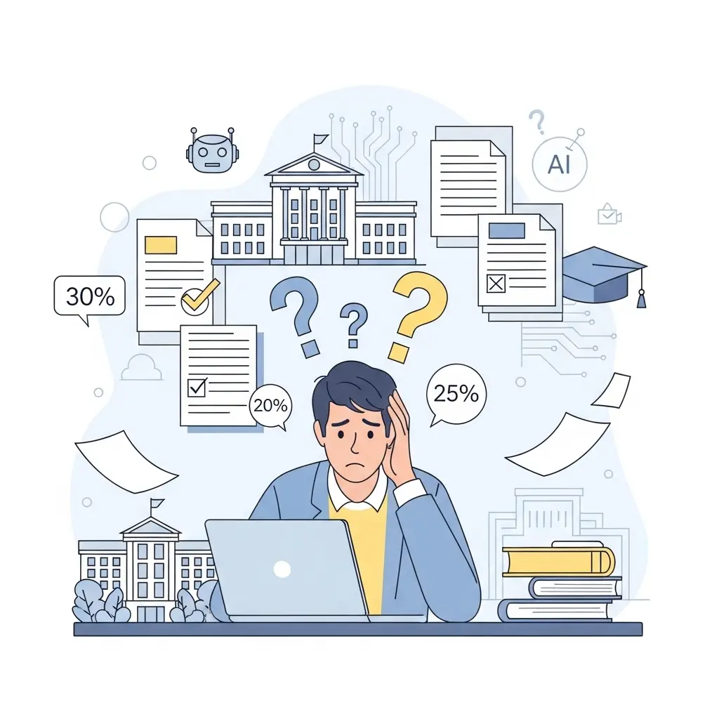Verwirrter Student umgeben von Fragezeichen und Prozentangaben zur KI-Nutzung