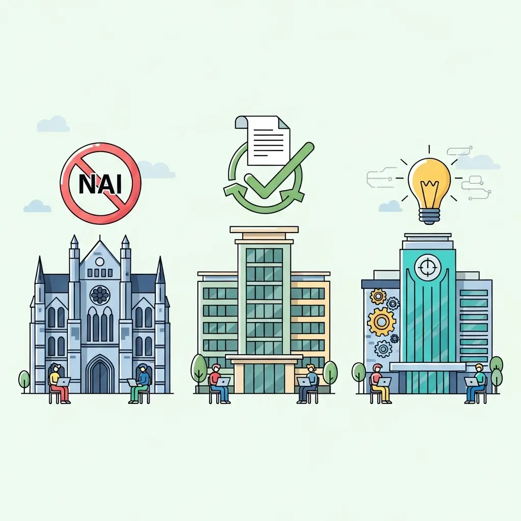 Drei verschiedene Hochschultypen mit unterschiedlichen KI-Policies