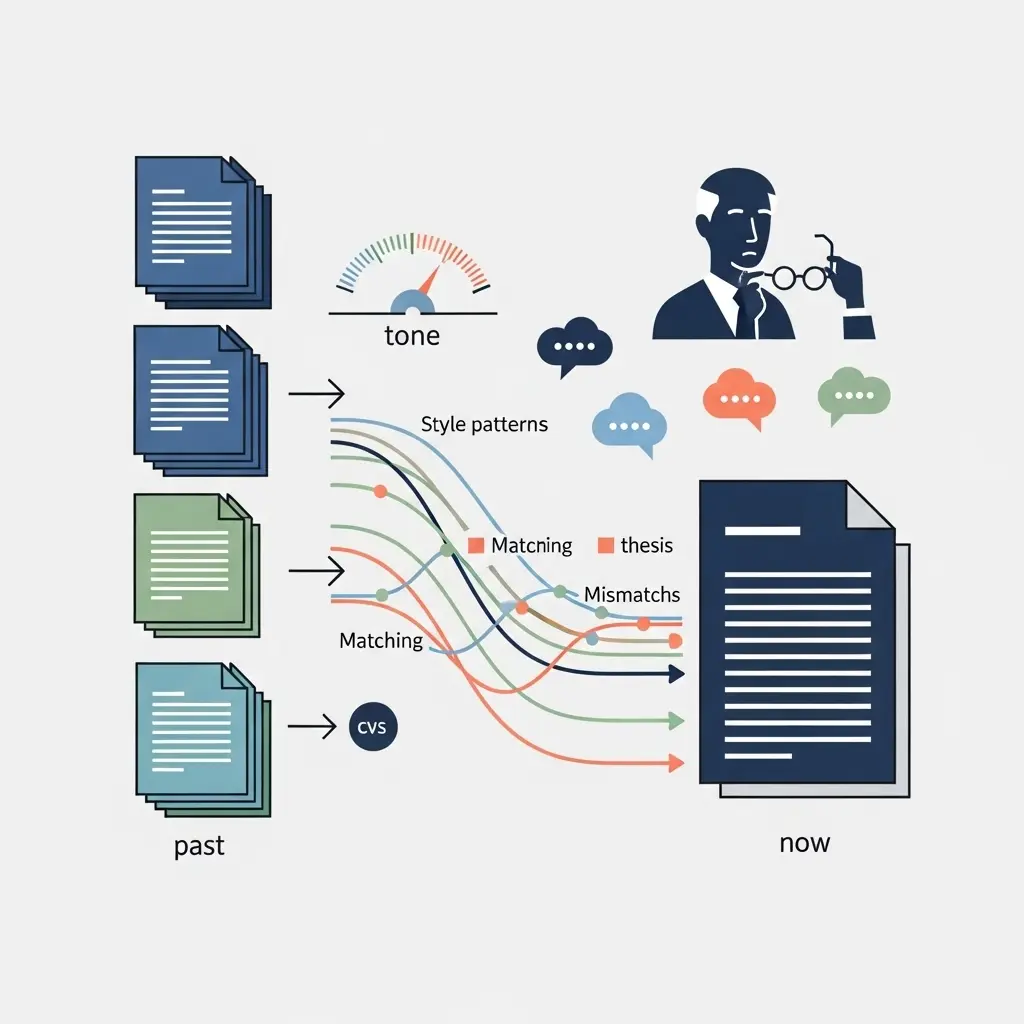 Vergleich von Dokumenten über Zeit – alte Seminararbeiten links, aktuelle Abschlussarbeit rechts, mit Vergleichslinien und Professor im Hintergrund