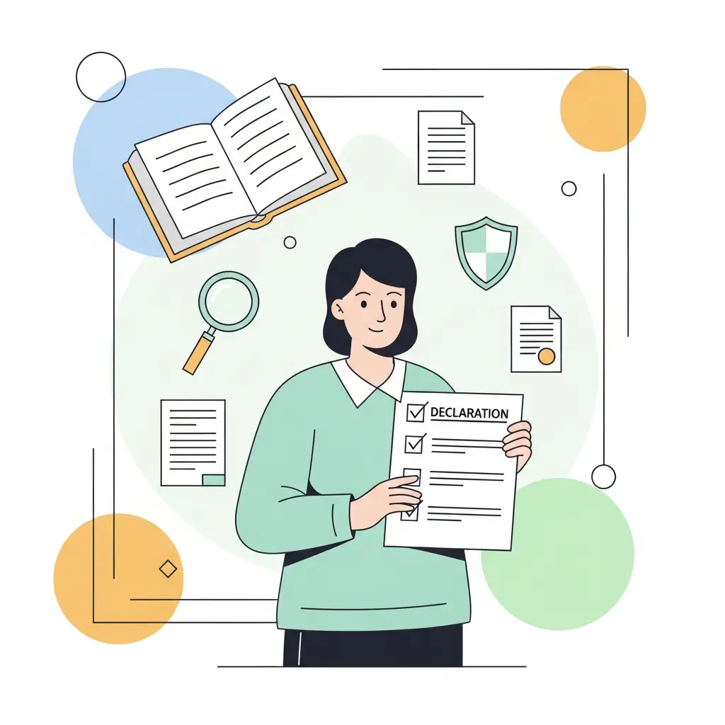 Selbstbewusster Student präsentiert transparente Dokumentation mit Checklisten, umgeben von Symbolen für Integrität und Ehrlichkeit