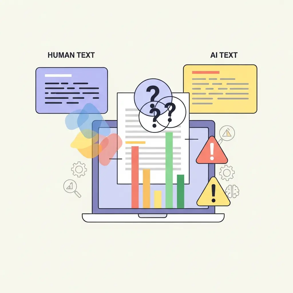 Computerdisplay zeigt KI-Erkennungstool mit schwankenden Ergebnissen, umgeben von Fragezeichen und Warnsymbolen, die die Unzuverlässigkeit der Tools darstellen