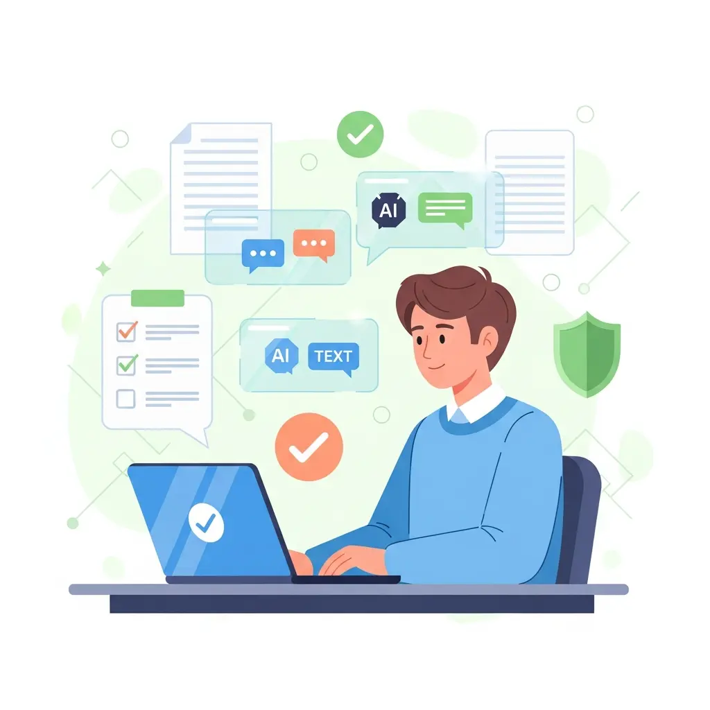 Student bei der systematischen Dokumentation seiner KI-Nutzung mit digitalen Tools und Checklisten