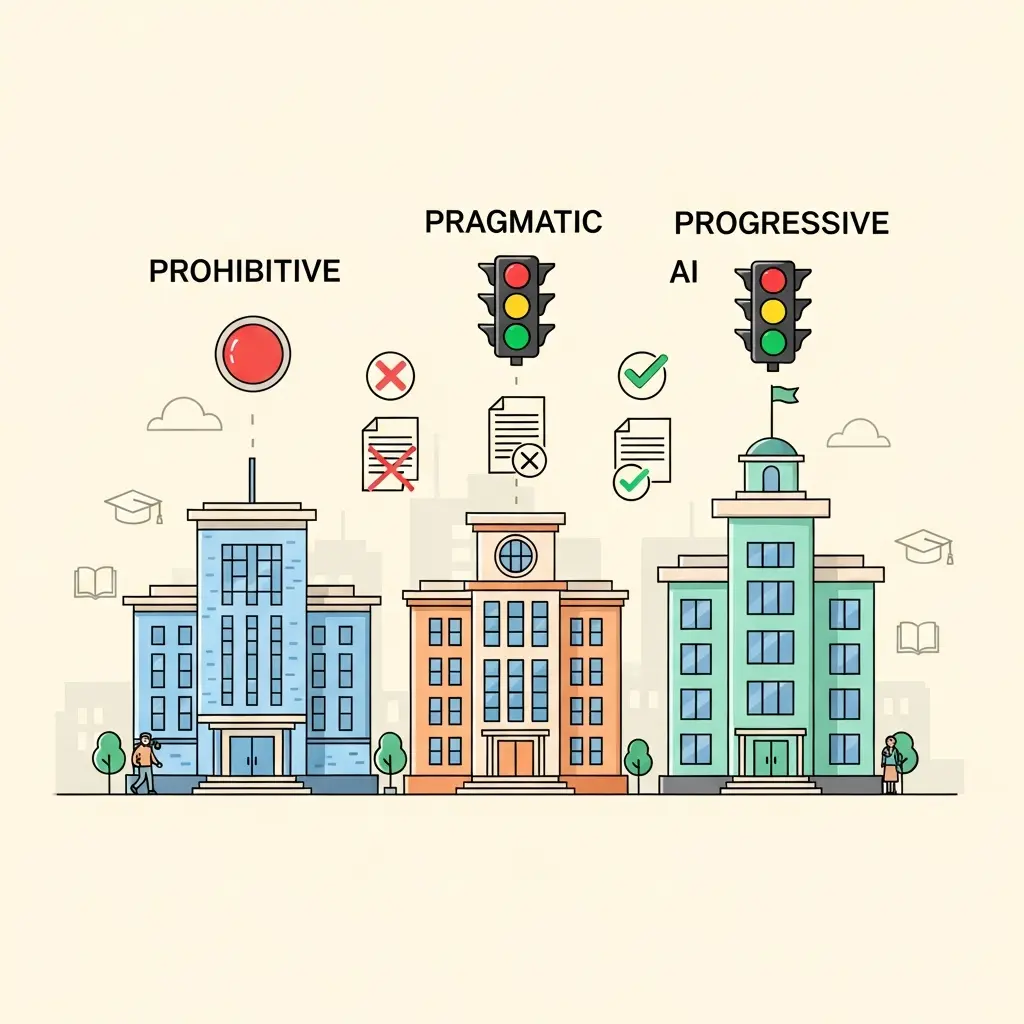 Drei verschiedene Universitätsgebäude mit unterschiedlich farbigen Indikatoren, die prohibitive, pragmatische und progressive KI-Richtlinien symbolisieren