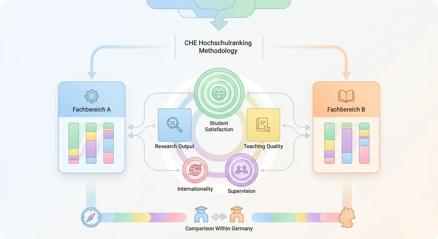 Infografik zur Methodik des CHE Hochschulrankings – Bewertungsfaktoren wie Studienzufriedenheit, Betreuungsqualität und Forschungsoutput nach Fachbereich