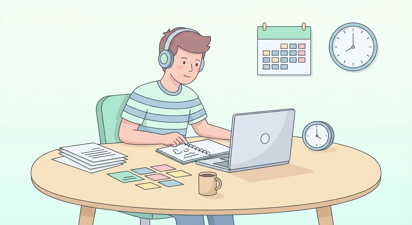 Student erstellt Zeitplan für Bachelorarbeit am Schreibtisch mit Notizbuch, Laptop und Wandkalender