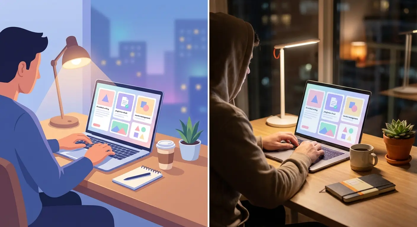 Studierende schreibt nachts Abschlussarbeit mit KI-Tool auf Laptop – Plagiatsprüfung und Literaturverwaltung im Überblick