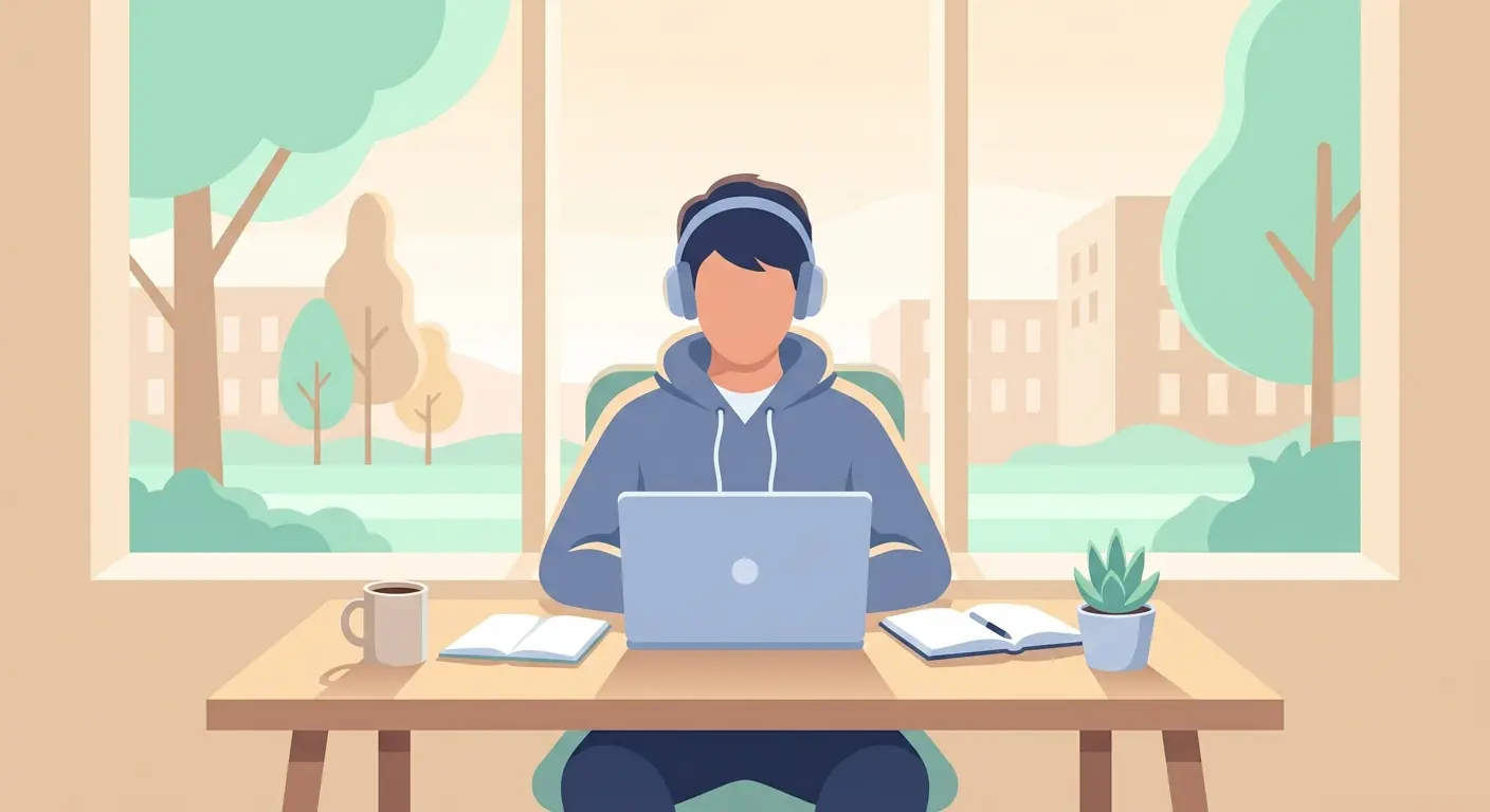 Student schreibt Bachelorarbeit am Laptop an einem ruhigen Universitätsarbeitsplatz mit Notizbuch und Kaffee