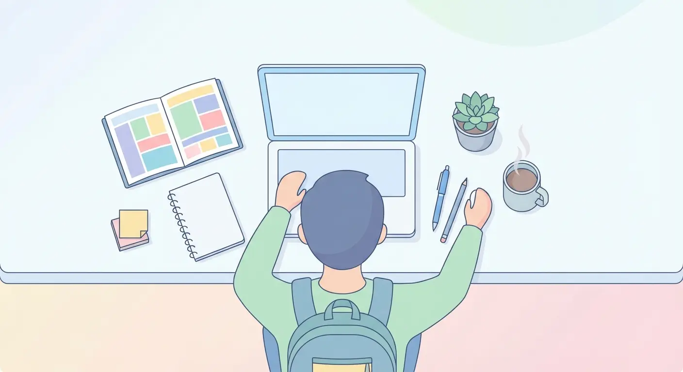 Studentin plant Bachelorarbeit am Schreibtisch mit Wochenplan, Laptop und Notizbuch