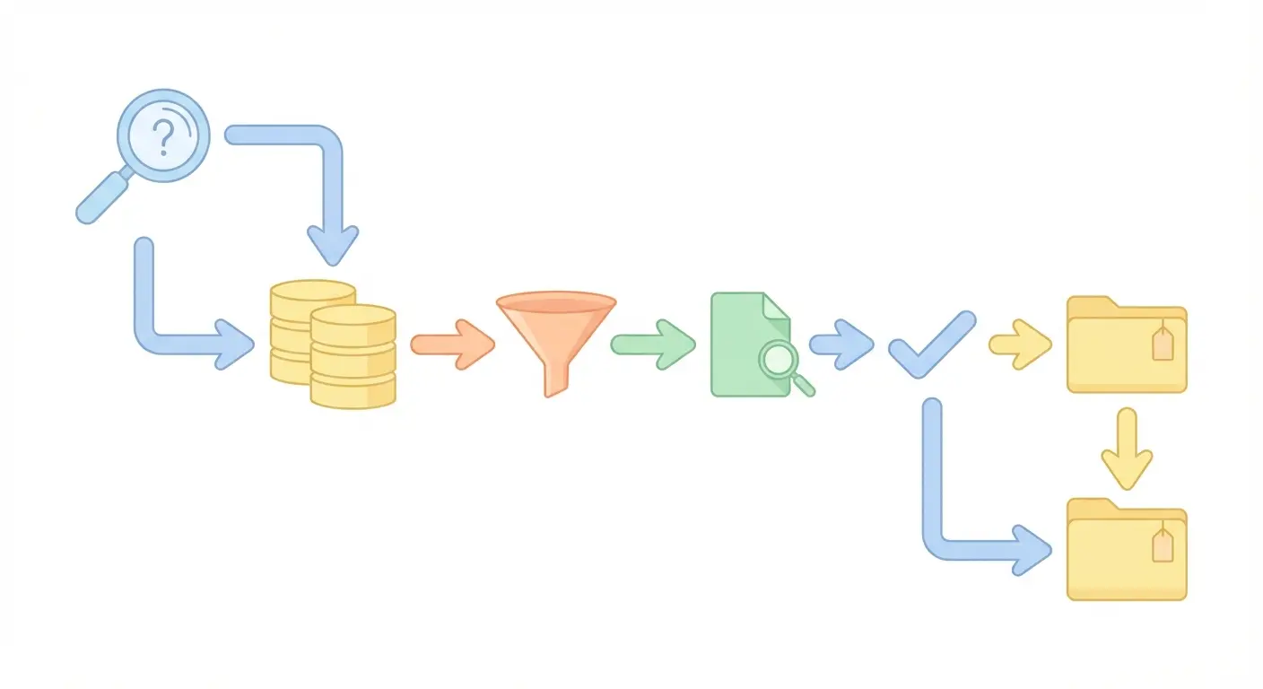 Systematische Literaturrecherche Workflow – Flussdiagramm der wichtigsten Phasen von der Fragestellung bis zur Dokumentation