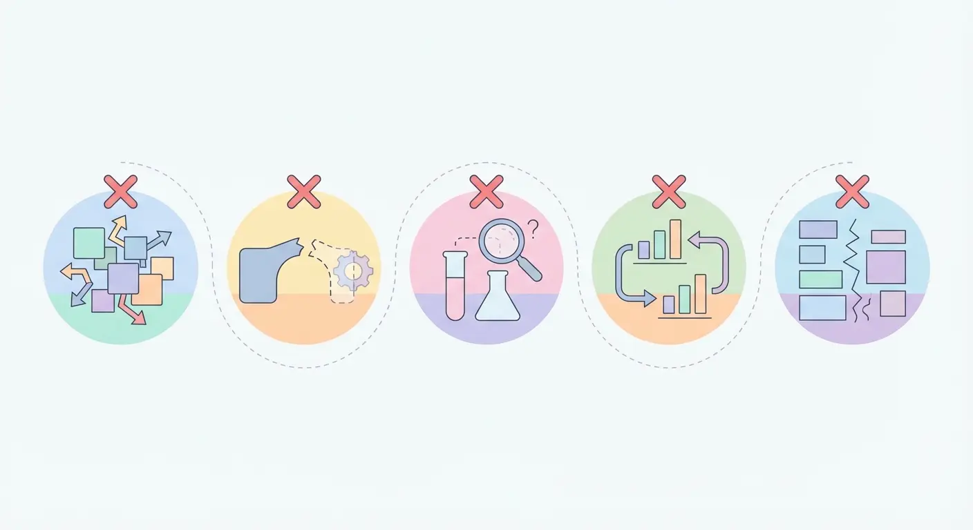 Infografik zu fünf typischen Strukturfehlern in Abschlussarbeiten – von zu weiter Forschungsfrage bis schwacher Absatzstruktur