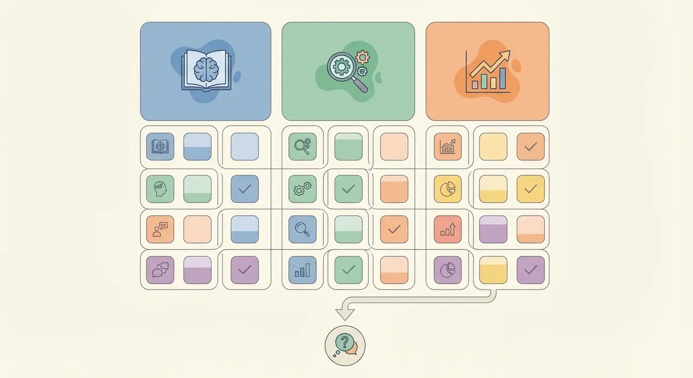 Systematisches Literatur-Auswertungsraster für die Bachelorarbeit – farbcodierte Matrix mit Theorie, Methode und Relevanz-Spalten für strukturierte Quellenauswertung