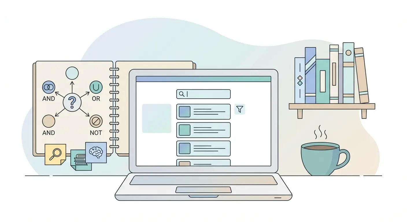 Wissenschaftlicher Schreibtisch mit Laptop, Notizbuch und Boole'schen Operatoren – Literaturrecherche Strategie für DFG-konforme Fachdatenbanken