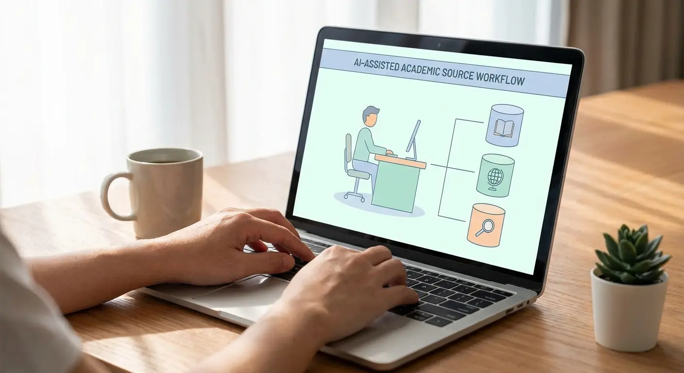 Student prüft akademische Quellen auf Plagiate mit KI-gestützter Plagiatsprüfung — Bibliotheksdatenbanken und Repositorien im Vergleich