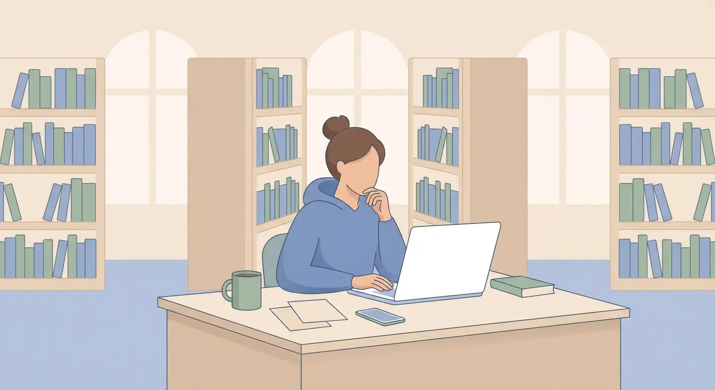 Studierende überwindet Schreibblockade bei der Bachelorarbeit am Laptop in der Universitätsbibliothek