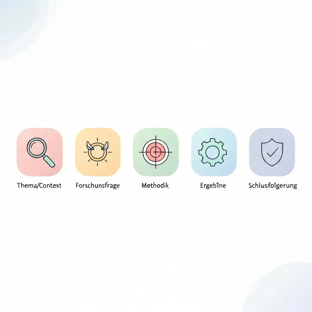 Die fünf Pflicht-Elemente eines Abstracts für die Bachelorarbeit: Thema, Forschungsfrage, Methodik, Ergebnisse und Schlussfolgerung als strukturiertes Diagramm