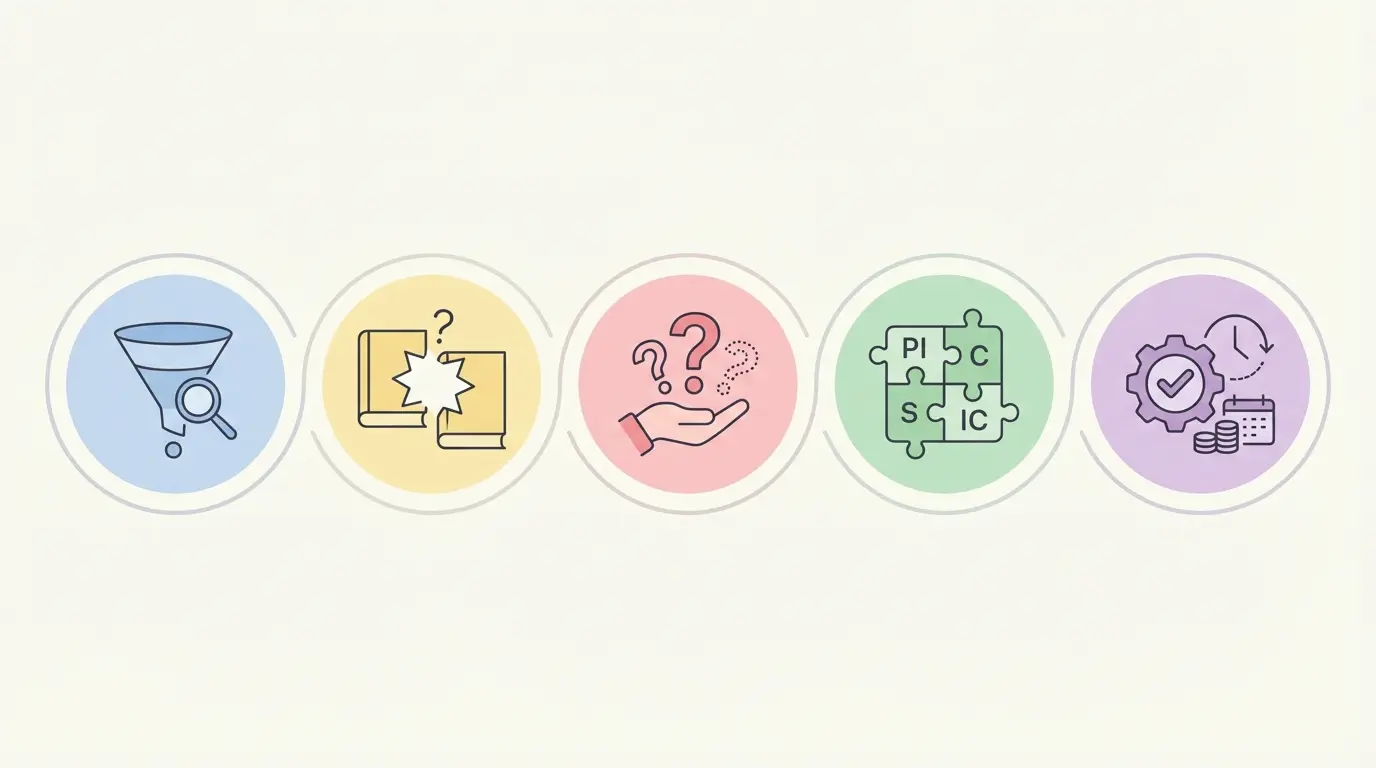 Infografik der 5-Schritte-Methode zur Formulierung einer Forschungsfrage für Abschlussarbeiten – von Themeneingrenzung bis Machbarkeitsprüfung