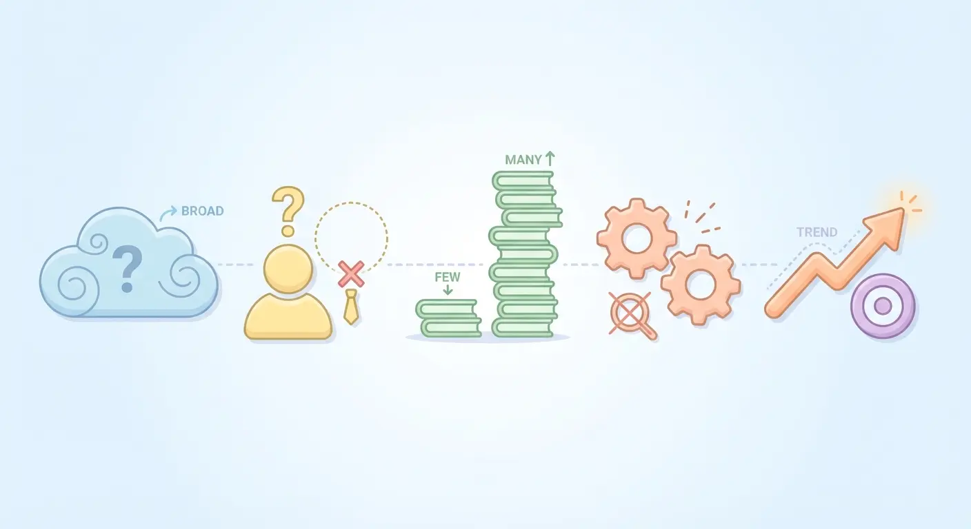 Fünf typische Fehler bei der Themenwahl der Bachelorarbeit: zu breites Thema, fehlender Betreuer, ungeeignete Literatur, falsche Methode, blinder Trendfolge