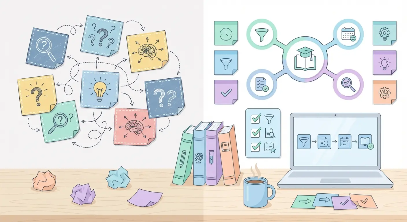 Systematisches Bachelorarbeit Thema finden: Gegenüberstellung von zufälliger und strukturierter Themenwahl an einem Schreibtisch mit Mind-Map und Checkliste