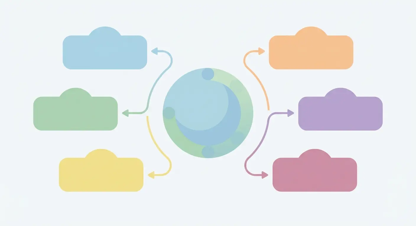Visuelles Diagramm des Kapitelaufbaus einer Abschlussarbeit – von der Einleitung bis zum Fazit als vernetzte Struktur