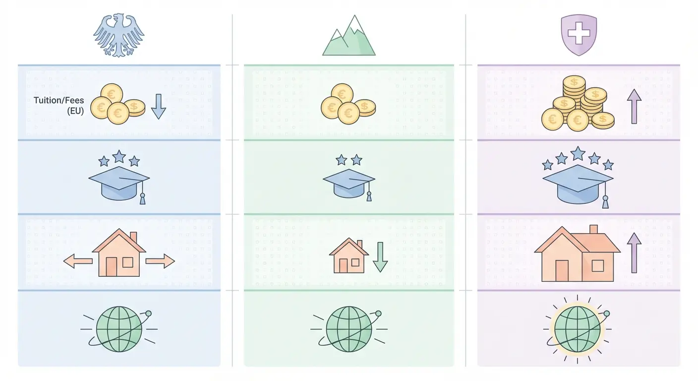 DACH-Hochschulvergleich Infografik: Studiengebühren, Rankings, Lebenshaltungskosten und Stipendien in Deutschland, Österreich und der Schweiz im Überblick