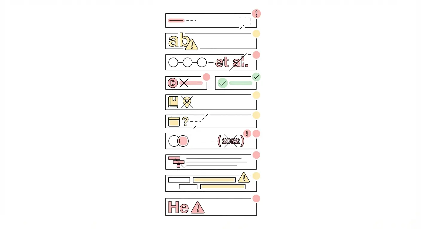 Visuelle Checkliste typischer APA-Fehler: et-al.-Format, DOI-Formatierung, Verlagsort, Sentence Case und Abrufdatum im Überblick