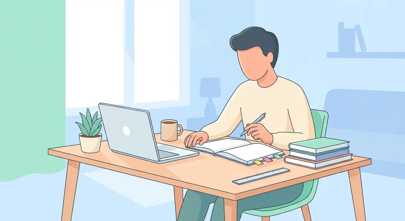 Student formuliert Forschungsfrage für die Bachelorarbeit am Schreibtisch mit Laptop und Notizbuch