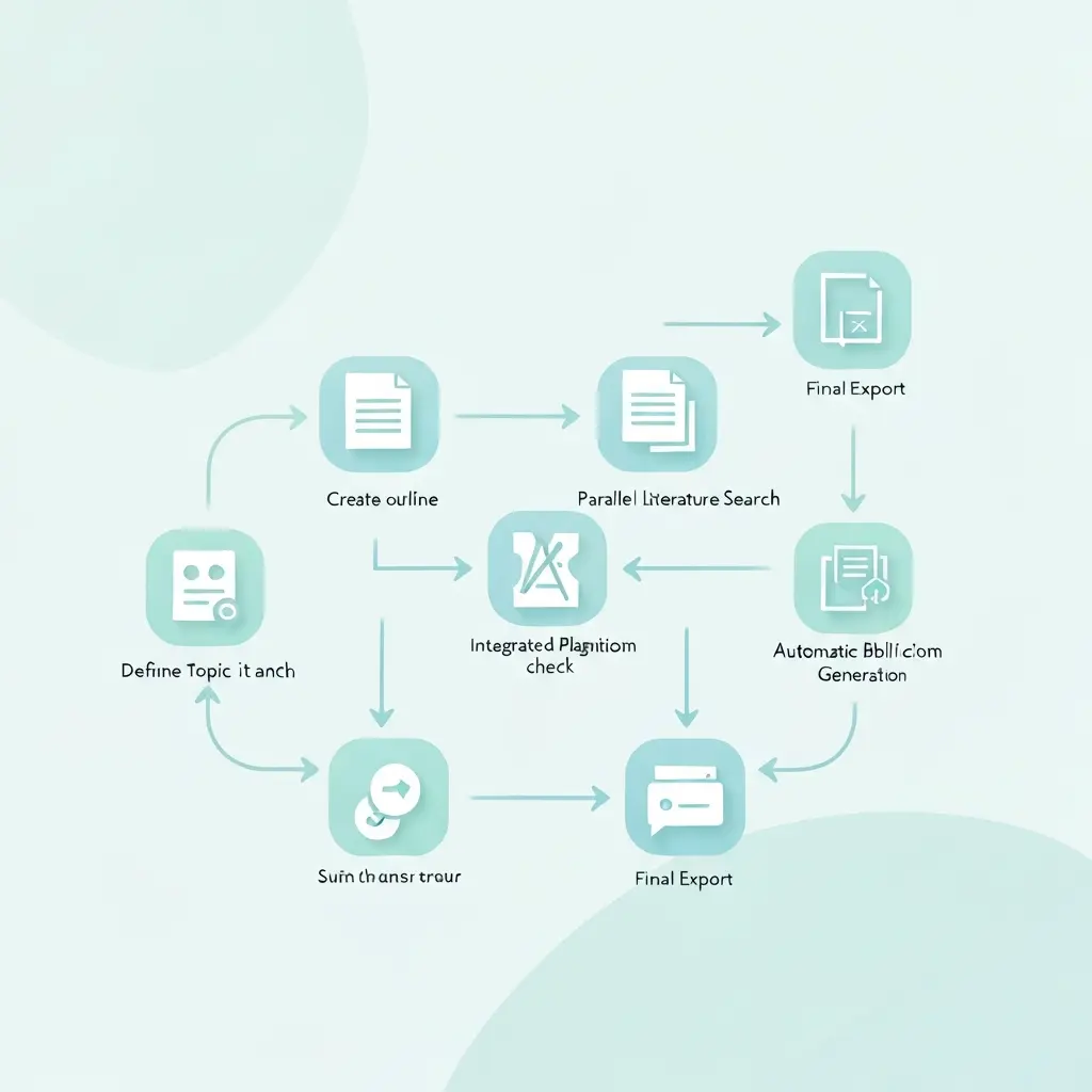 Schritt-für-Schritt-Workflow Abschlussarbeit mit KI schreiben – Flowchart mit Pfeilen von Thema bis Export, Tesify-Prozess