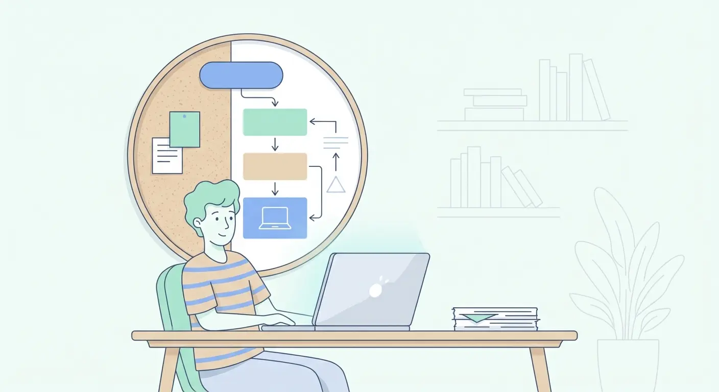 Student am Schreibtisch mit Laptop und strukturiertem Planungsboard – Bachelorarbeit Planung, Struktur und bessere Noten