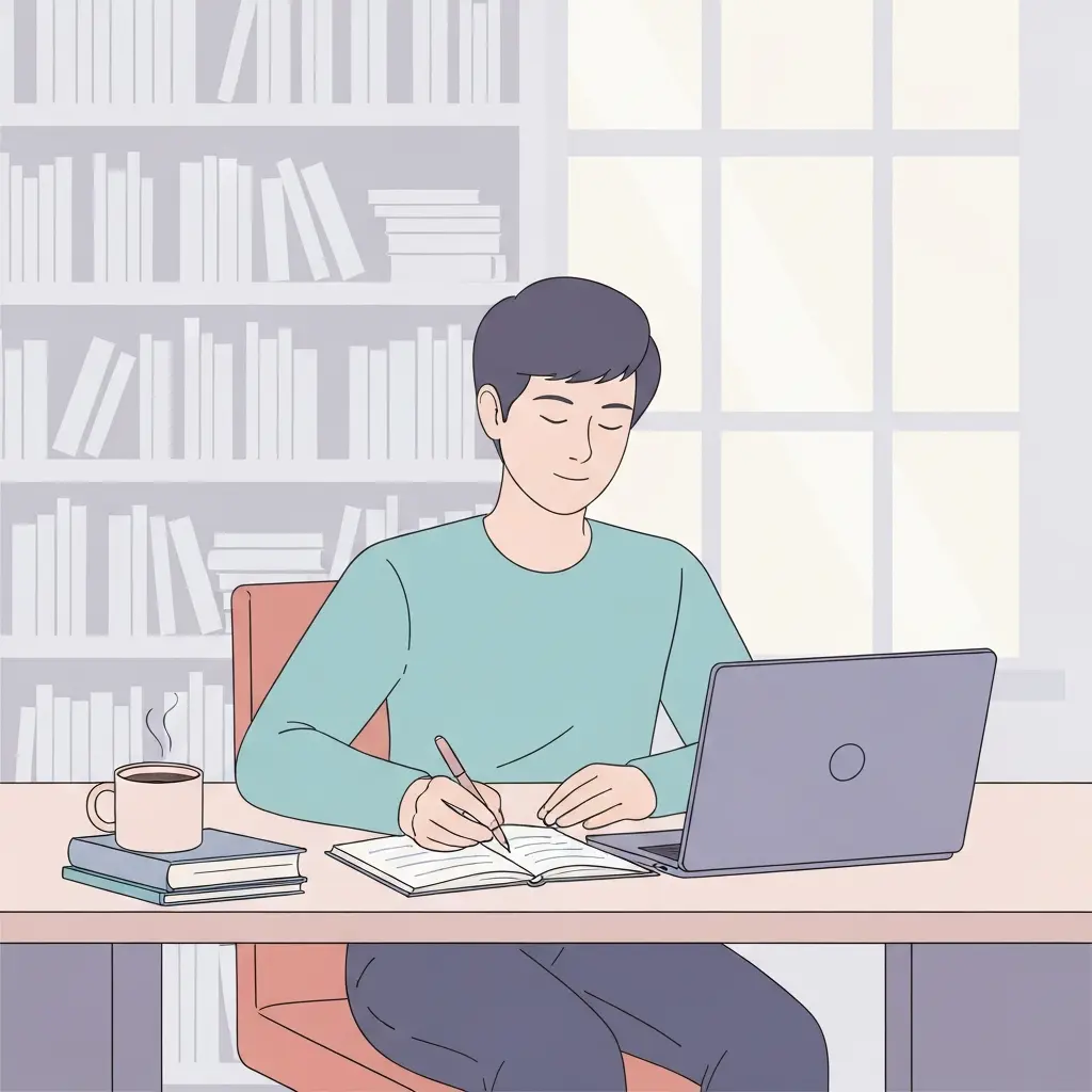 Studentin plant Bachelorarbeit Thema an einem Schreibtisch in der Bibliothek mit Notizbuch und Laptop