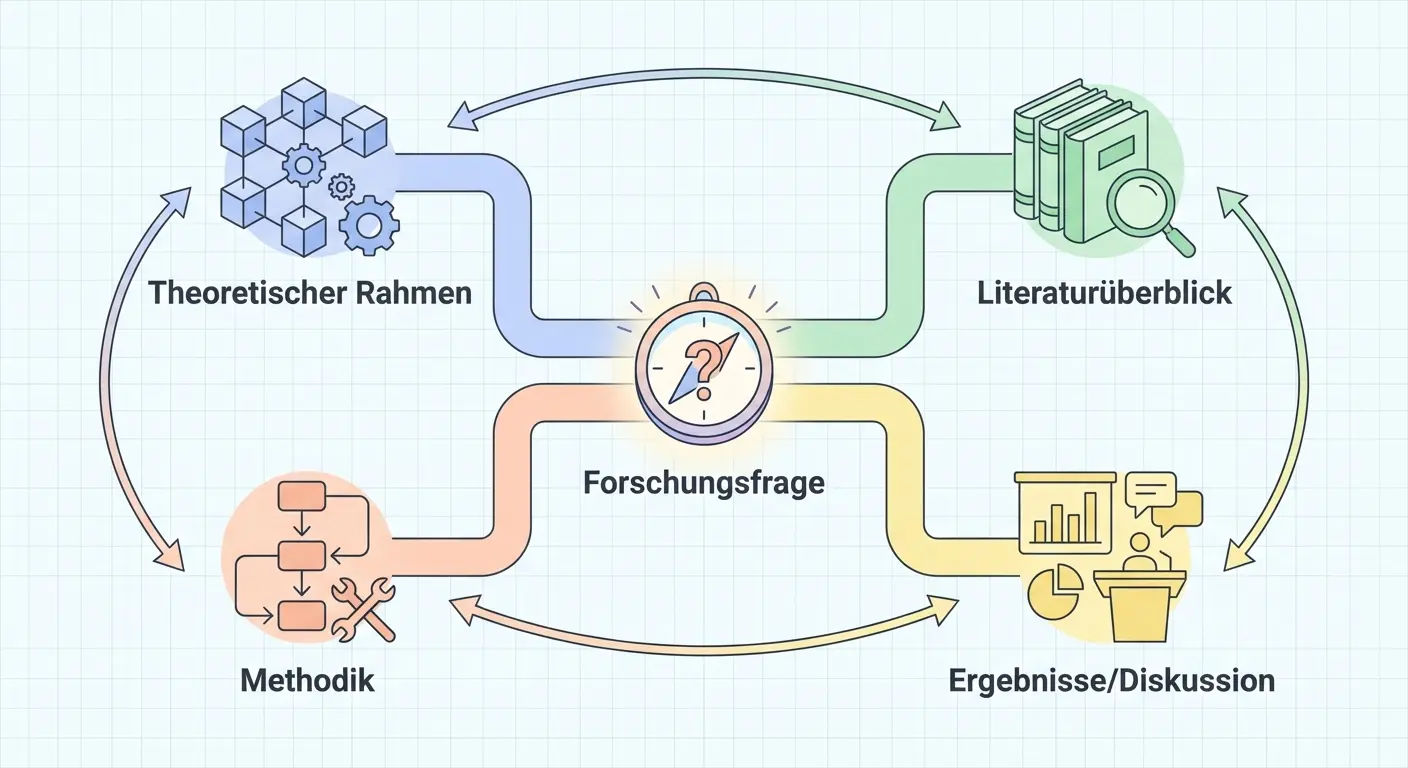 Infografik: Wie die Forschungsfrage die Struktur einer Bachelorarbeit lenkt – Theoretischer Rahmen, Methodik, Ergebnisse und Diskussion