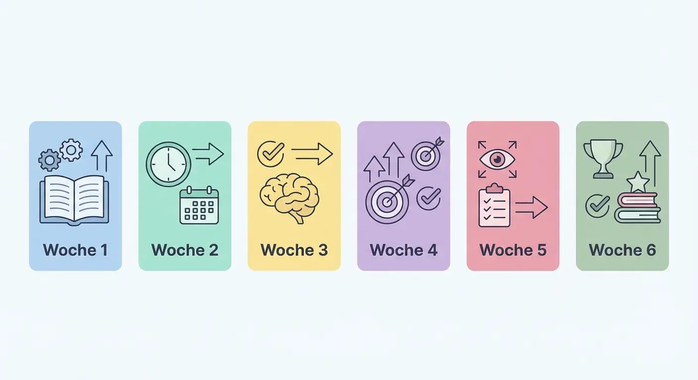 Infografik des 6-Wochen-Lernplans für die Prüfungsvorbereitung – visuelle Übersicht der sechs Lernphasen von Analyse bis Prüfungssimulation