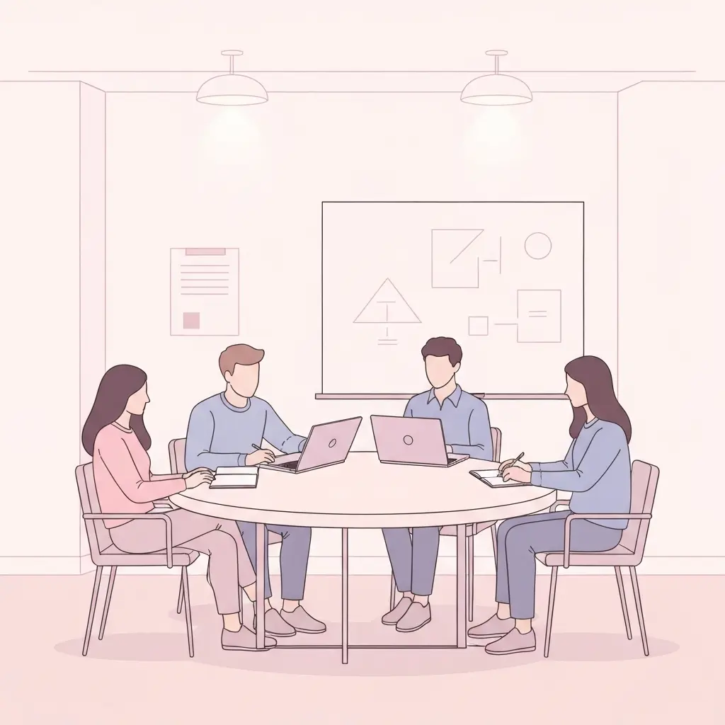 Vier Studierende erarbeiten gemeinsam Bachelorarbeit Themenideen am runden Tisch im Seminarraum mit Whiteboard