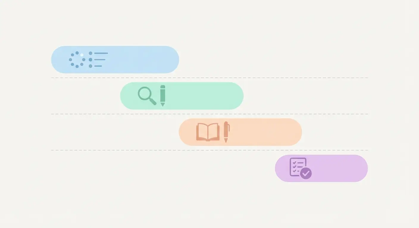 Gantt-ähnliche Zeitleiste der vier Phasen einer Abschlussarbeit – Vorbereitung, Recherche, Schreiben und Revision als farbige Balken