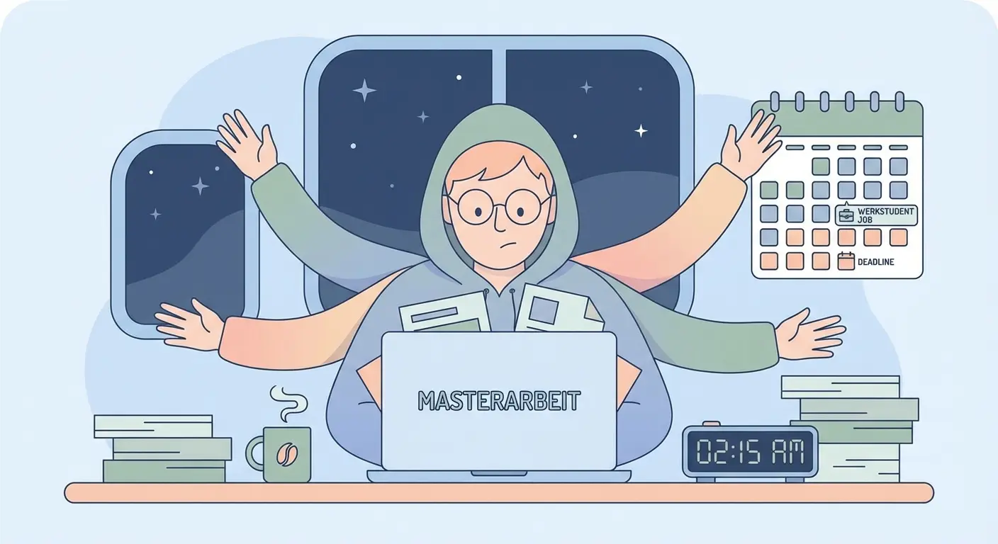 Werkstudent schreibt nachts an der Masterarbeit am überfüllten Schreibtisch mit Laptop, Kaffeebecher und Kalender