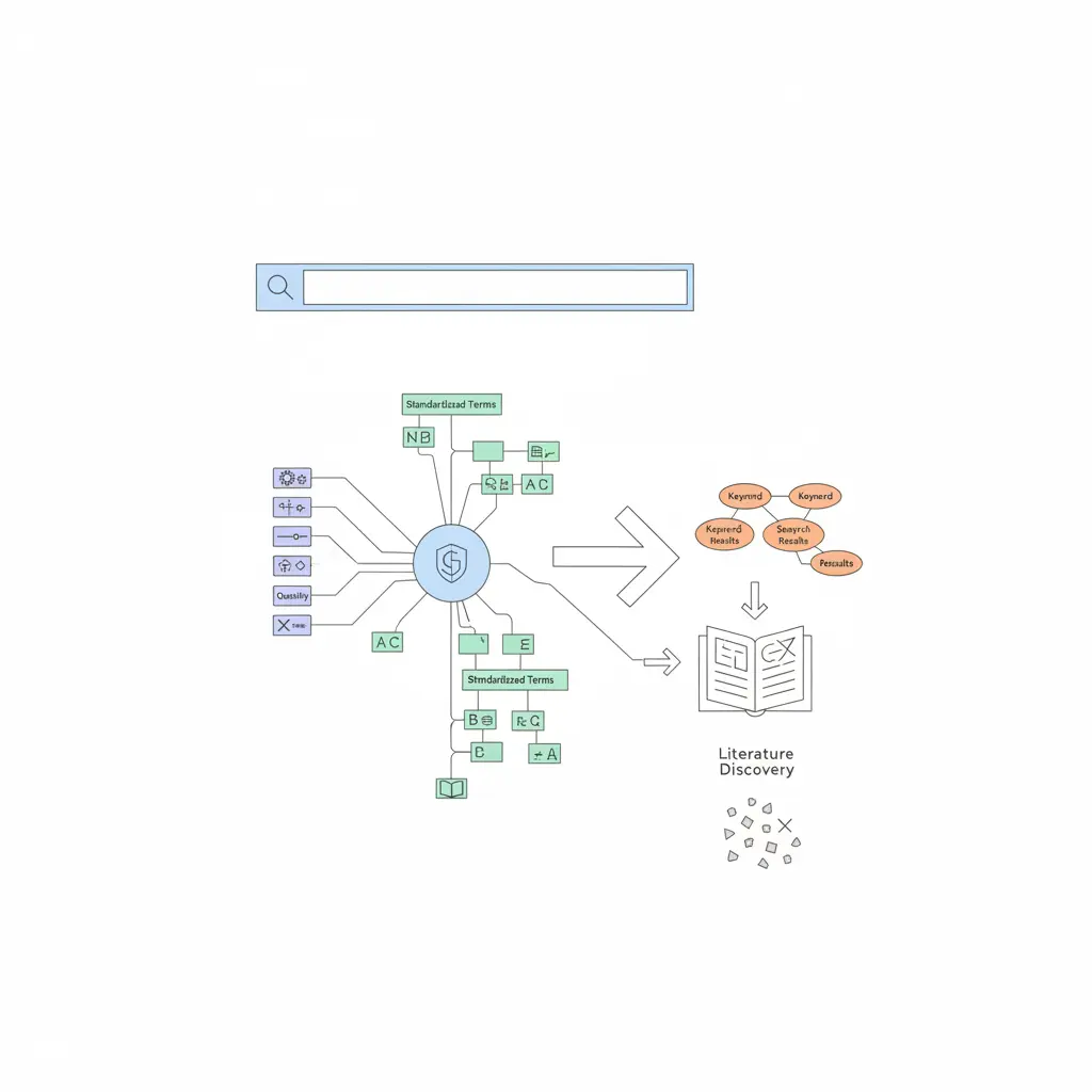 Illustration der GND-Normdaten-Schlagwortsuche im DNB-Katalog – kontrolliertes Vokabular verbessert Präzision bei der wissenschaftlichen Literaturrecherche