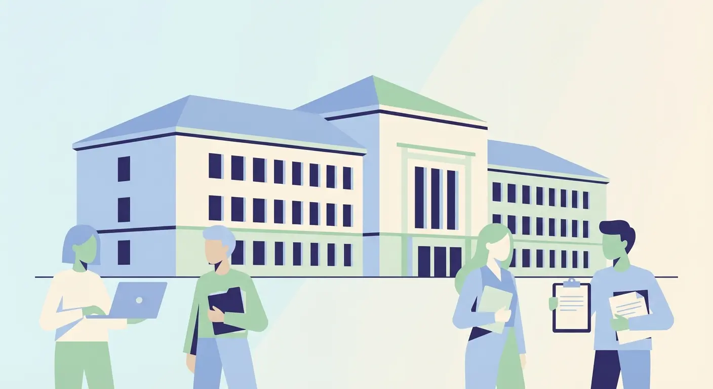 TU München Campus Hauptgebäude mit Studierenden, die Bewerbungsunterlagen und Laptops halten – Illustration zum Master-Bewerbungsprozess