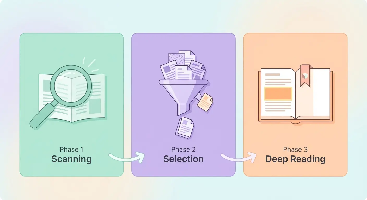 Drei-Phasen-Strategie für die Literaturrecherche der Bachelorarbeit: Scanning, Selektion und Tiefenlektüre