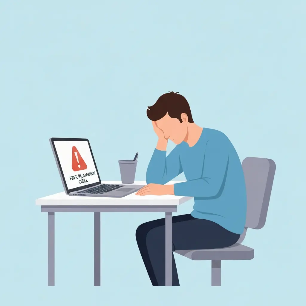 Frustrierter Student vor Laptop mit fehlgeschlagener kostenloser Plagiatsprüfung – Stress vor der Abgabe der Abschlussarbeit