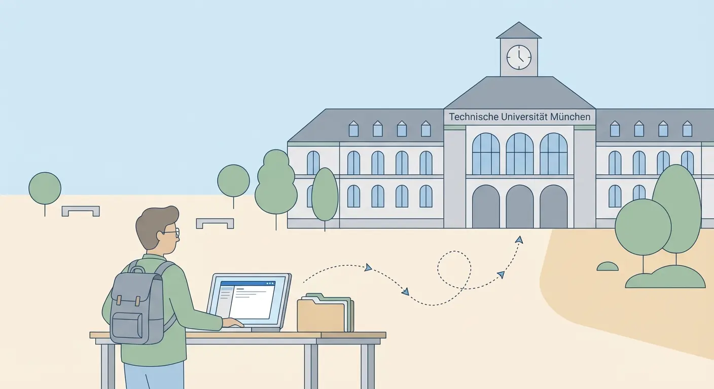 Student bereitet TU München Master-Bewerbung 2026 vor – Hauptgebäude der Technischen Universität München im Hintergrund