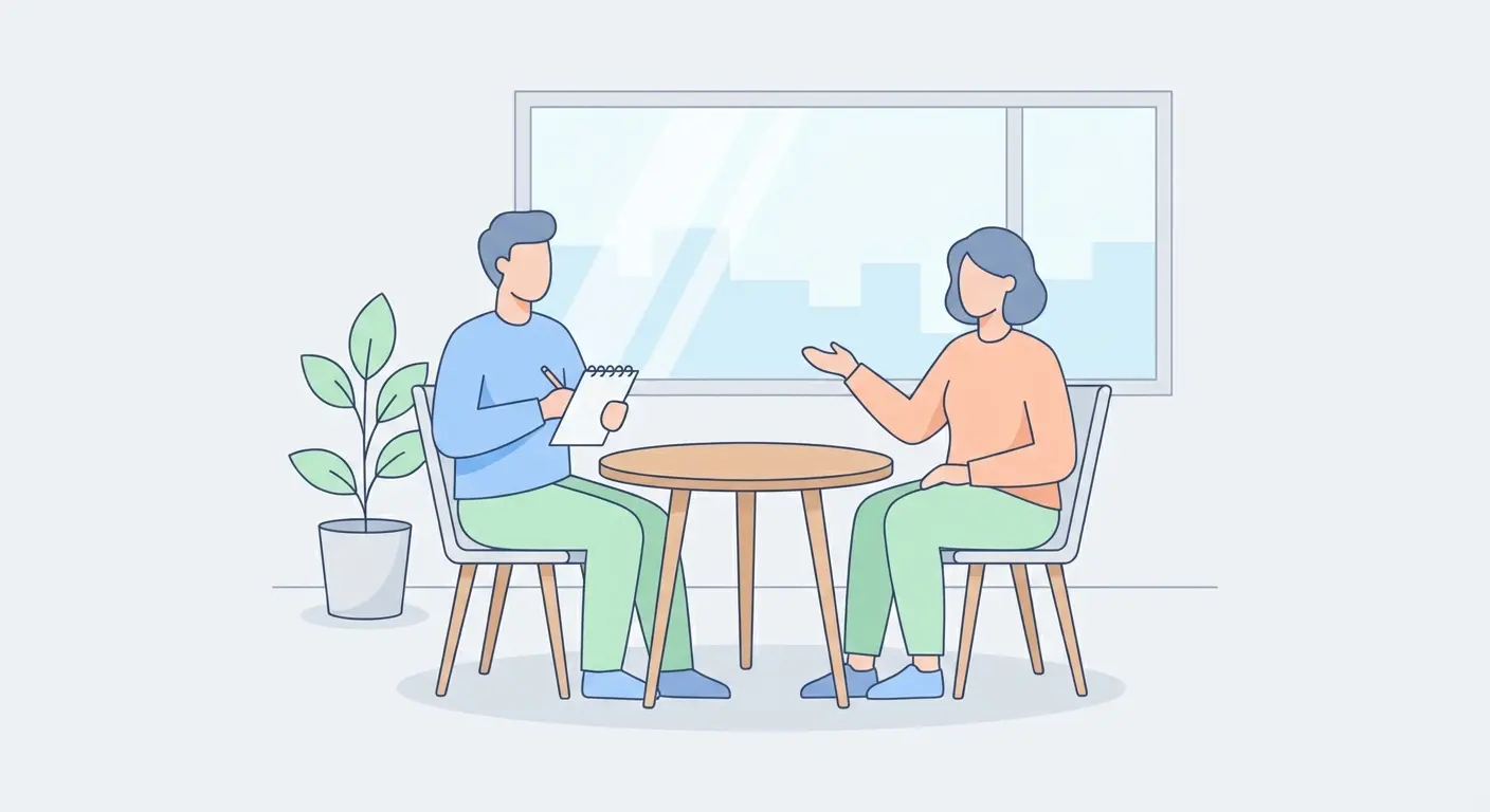 Qualitatives Interview für die Bachelorarbeit: Interviewerin mit Notizblock und Interviewpartner im Gespräch an einem Schreibtisch – wissenschaftliche Forschungsmethoden veranschaulicht