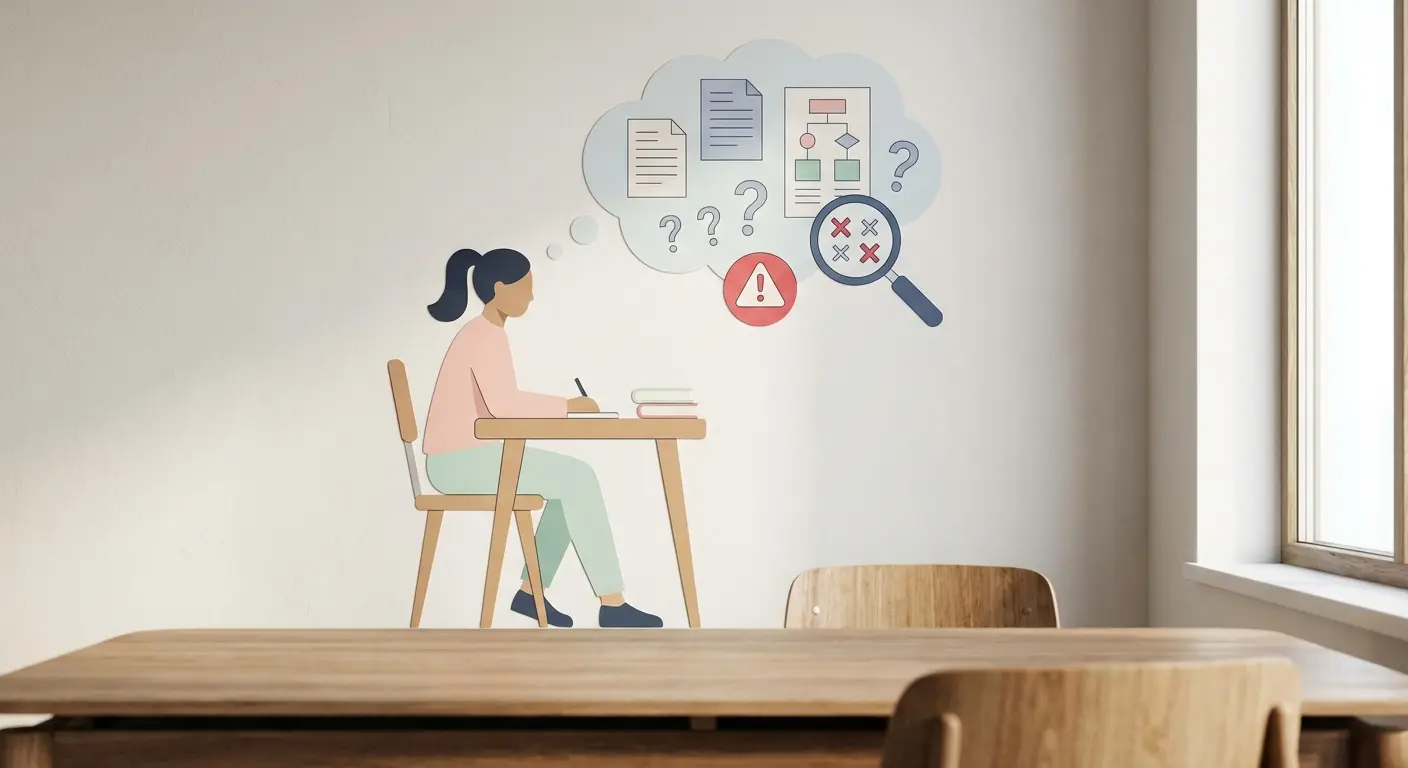 Studierende am Schreibtisch mit halluzinierten KI-Quellen und Plagiatsgefahr bei der Abschlussarbeit — Risiken von ChatGPT im akademischen Schreiben