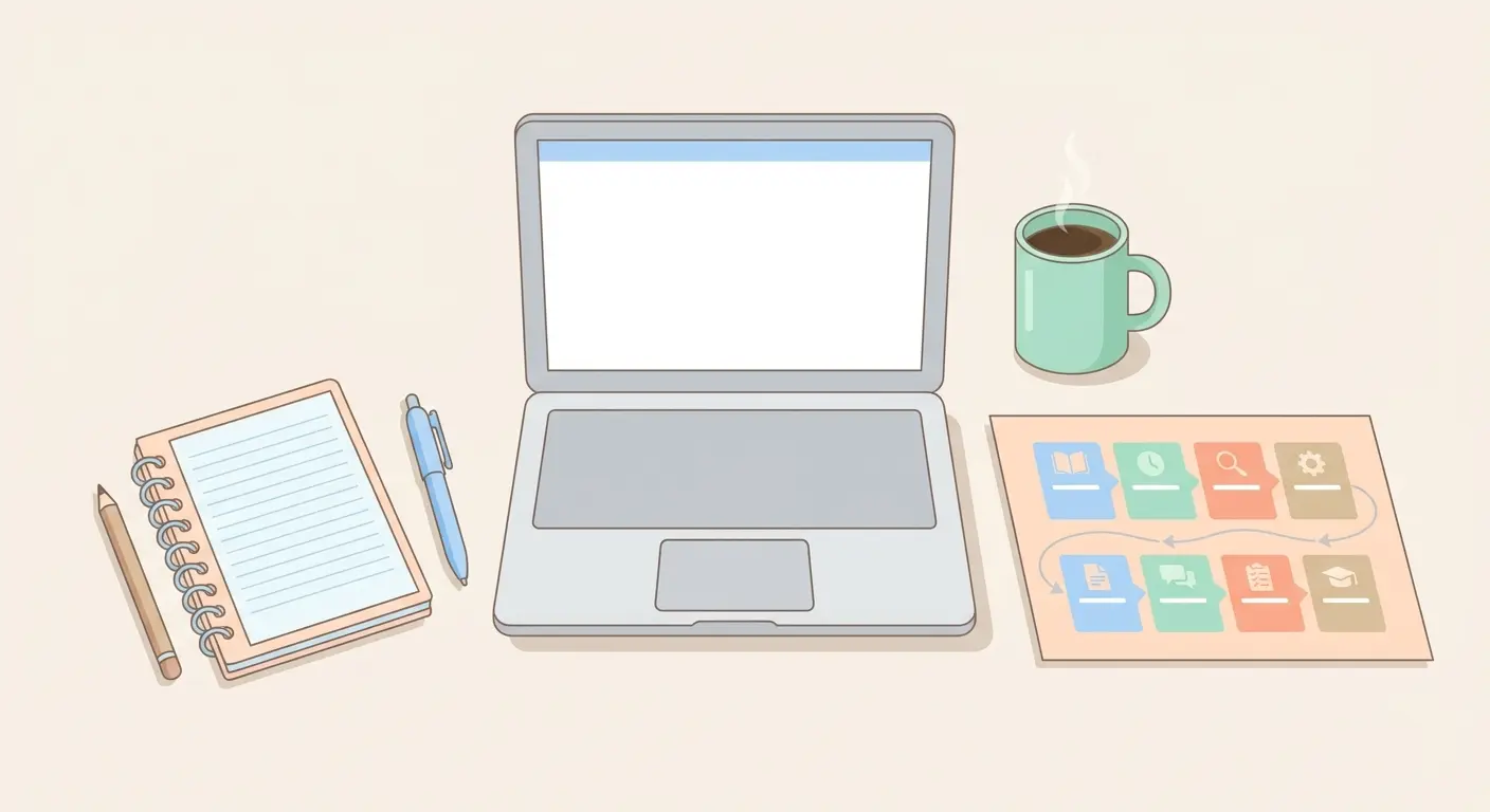 Schreibtisch eines Studierenden mit Laptop, Notizbuch und 8-Wochen-Plan für die Bachelorarbeit schreiben