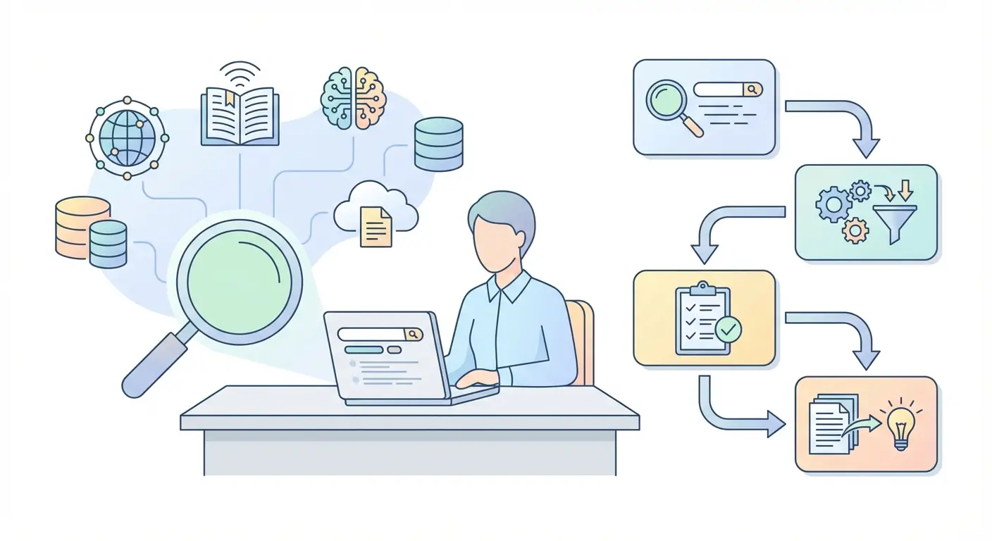 Wissenschaftler bei der systematischen Literaturrecherche mit Datenbanken und strukturiertem Suchworkflow 2026