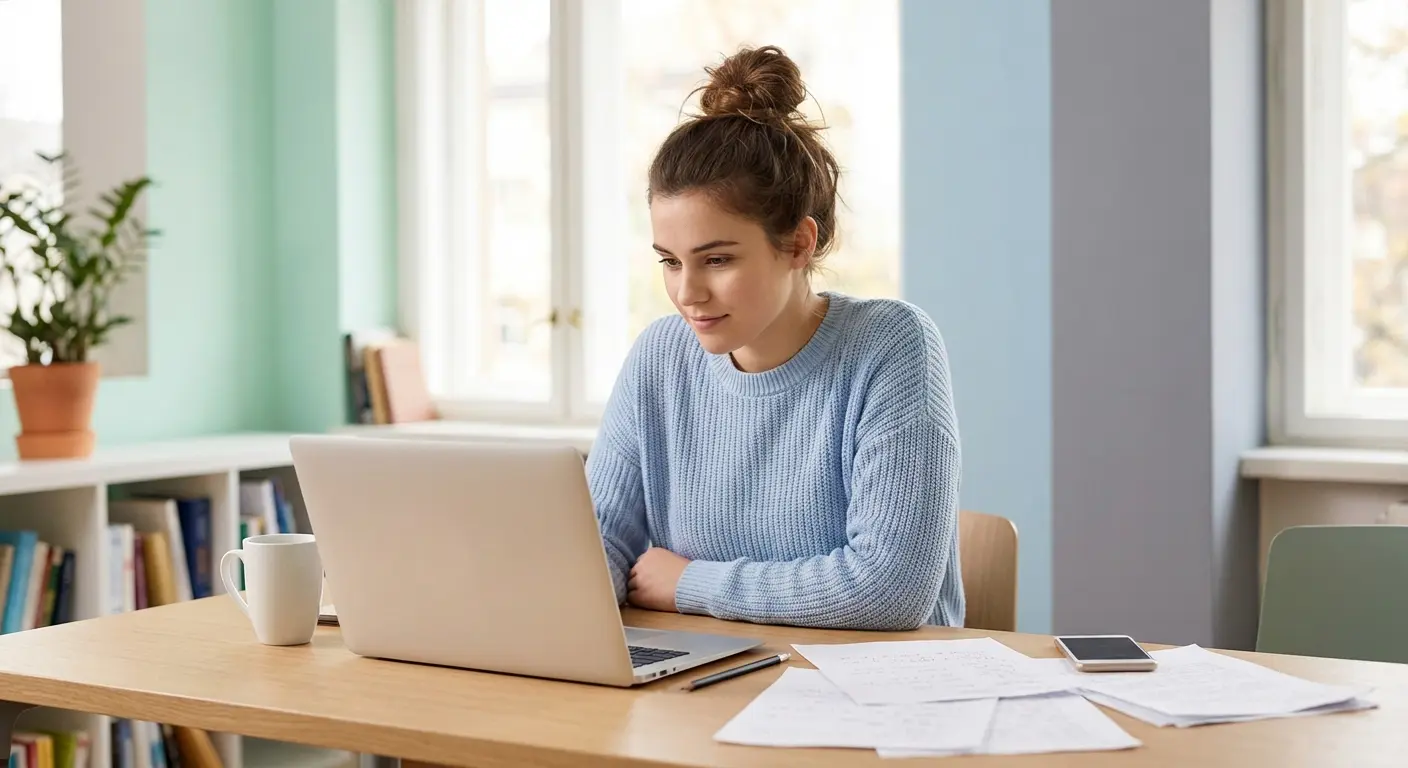 Student arbeitet konzentriert am Laptop an seiner Bachelorarbeit mit KI-Unterstützung – von Schreibblockade zu produktivem Arbeitsfluss