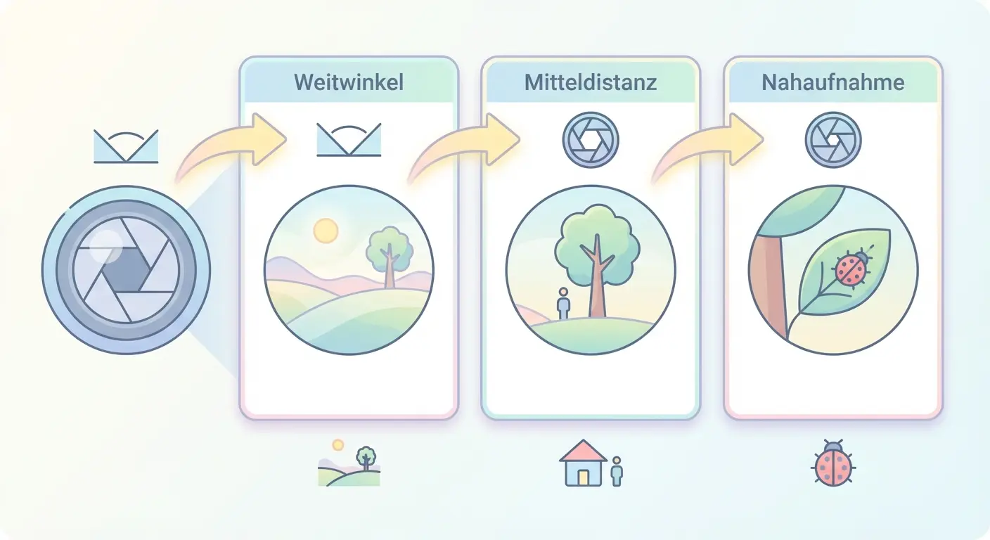 Zoom-Methode zur Forschungsfrage in drei Schritten: von Weitwinkel über Mitteldistanz zur präzisen Nahaufnahme als Infografik
