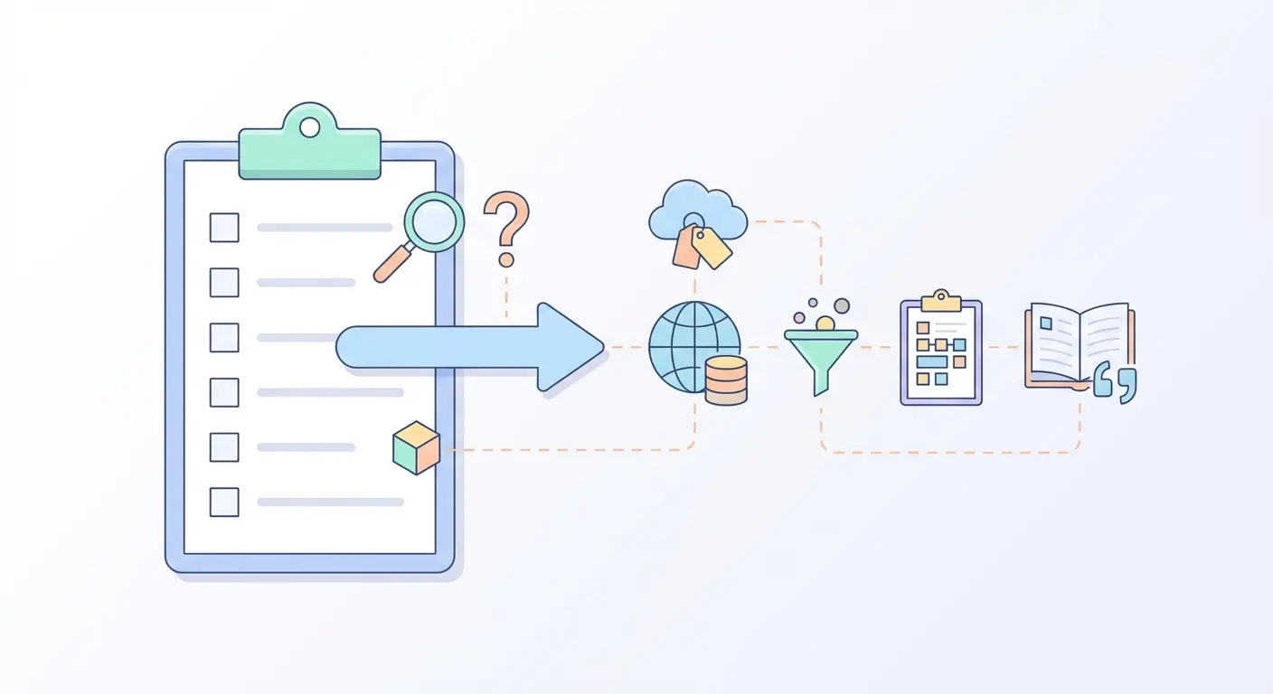 Checkliste Literaturrecherche Workflow – visuelle Übersicht aller Phasen von der Fragestellung bis zum Literaturimport