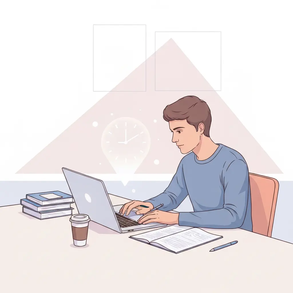 Student schreibt KI-gestützt Abschlussarbeit am Laptop – ruhige, fokussierte Arbeitsatmosphäre