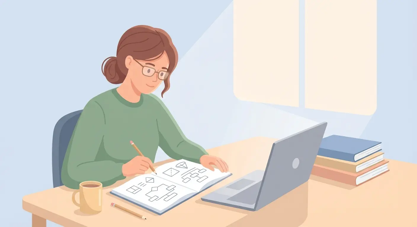 Studentin formuliert Forschungsfrage für Bachelorarbeit Gliederung am Schreibtisch mit Laptop und Notizbuch